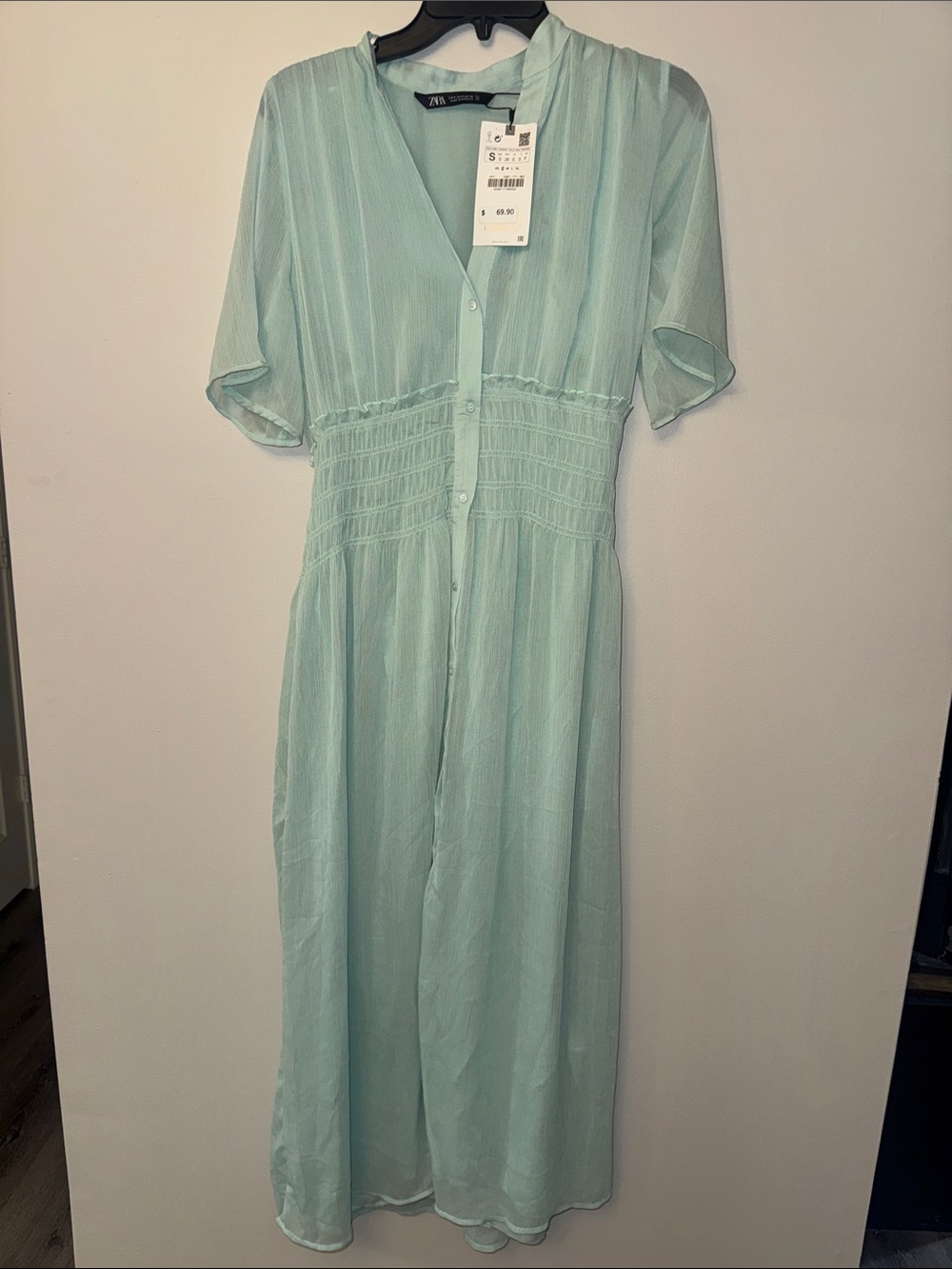 NWT Zara Elastic Detail V-neck midi button Dress Mint color - Picture 2 of 8